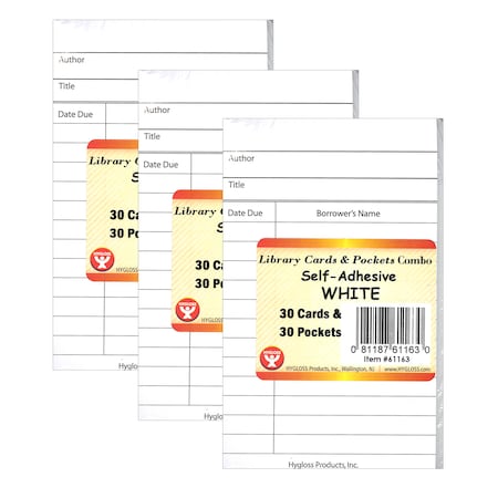 Hygloss Products Library Cards + Self-Adhesive Pockets Combo, White, 30 of Each, PK3 61163
